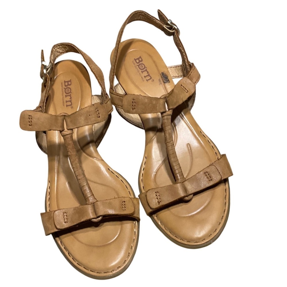 Born Sandals Womens 8 Leather T-Strap Wedge Tan Boho Summer CQL16